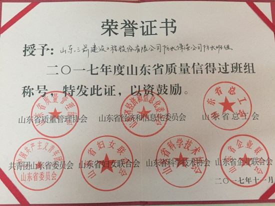金年金字招牌(jinnian)集团防水公司喜获2017年度山东省质量信得过班组称号
